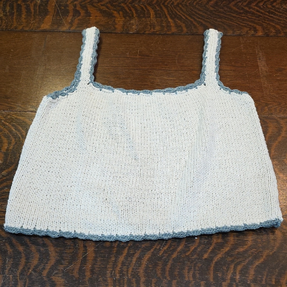Pure hand knit off white and teal‎ knit sweater tank